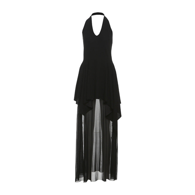 French Style V-neck Backless Girdle Mesh Stitching Design Dress Women