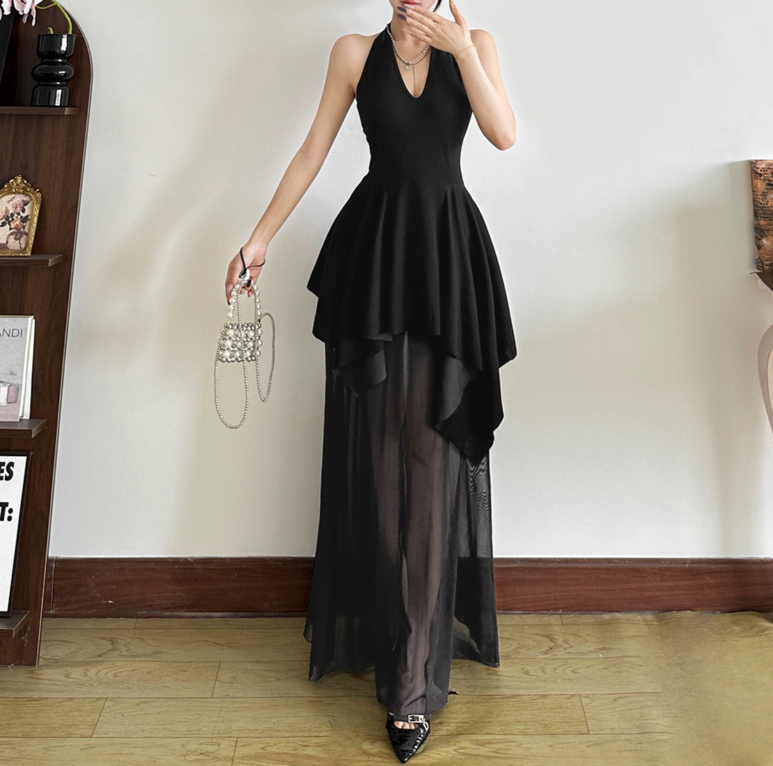 French Style V-neck Backless Girdle Mesh Stitching Design Dress Women