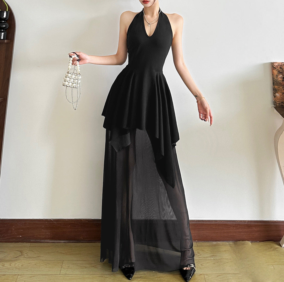 French Style V-neck Backless Girdle Mesh Stitching Design Dress Women
