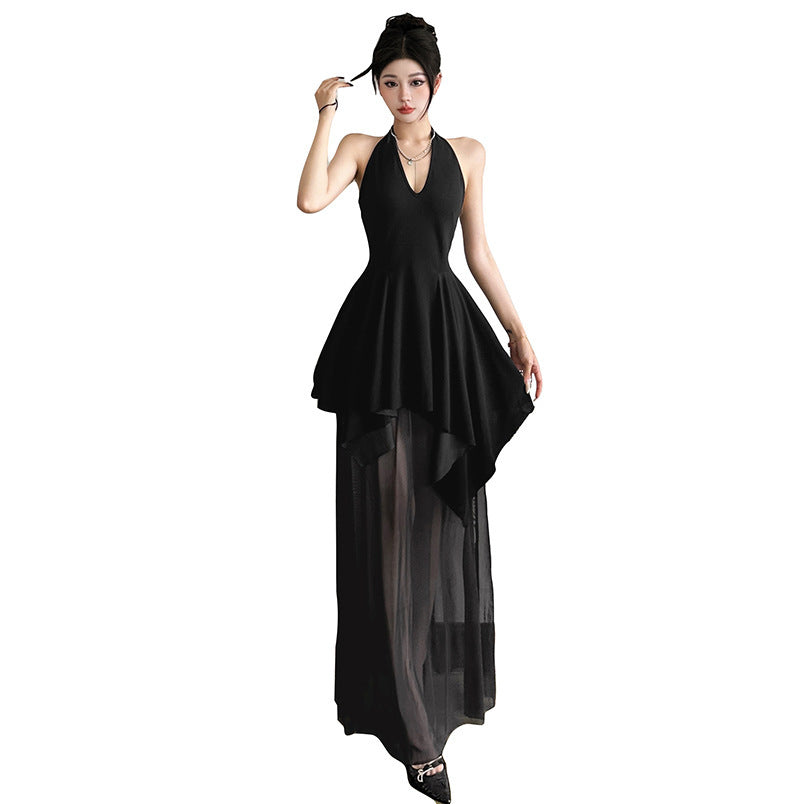 French Style V-neck Backless Girdle Mesh Stitching Design Dress Women
