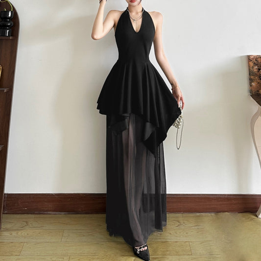 French Style V-neck Backless Girdle Mesh Stitching Design Dress Women