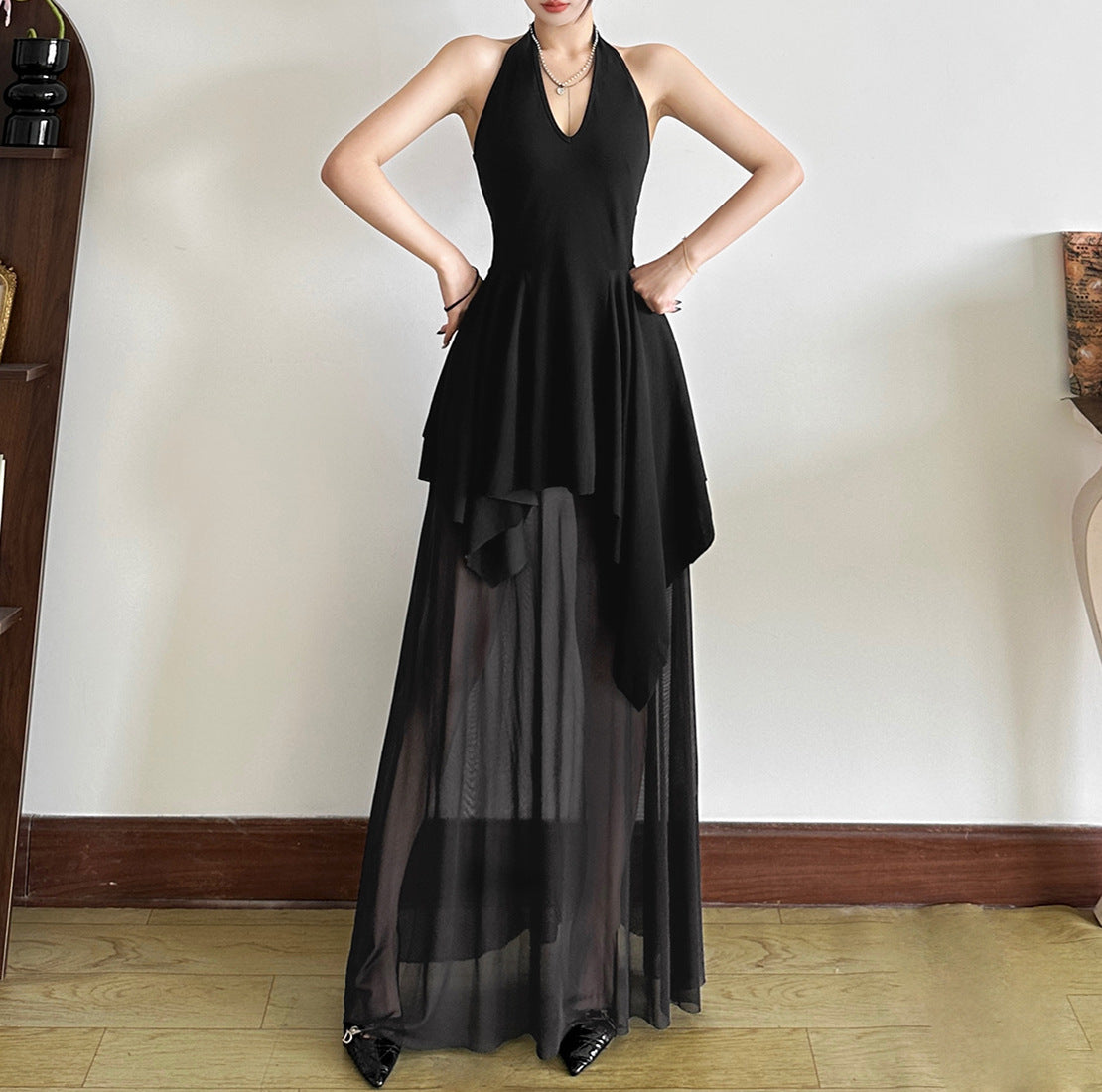 French Style V-neck Backless Girdle Mesh Stitching Design Dress Women