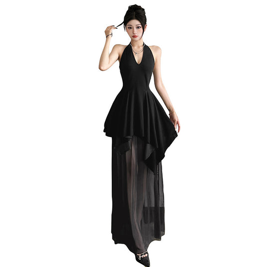 French Style V-neck Backless Girdle Mesh Stitching Design Dress Women